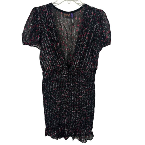 Free People Smocked Black V Neck Shimmer Cap Sleeve Y2K Mini Dress S - Picture 2 of 8